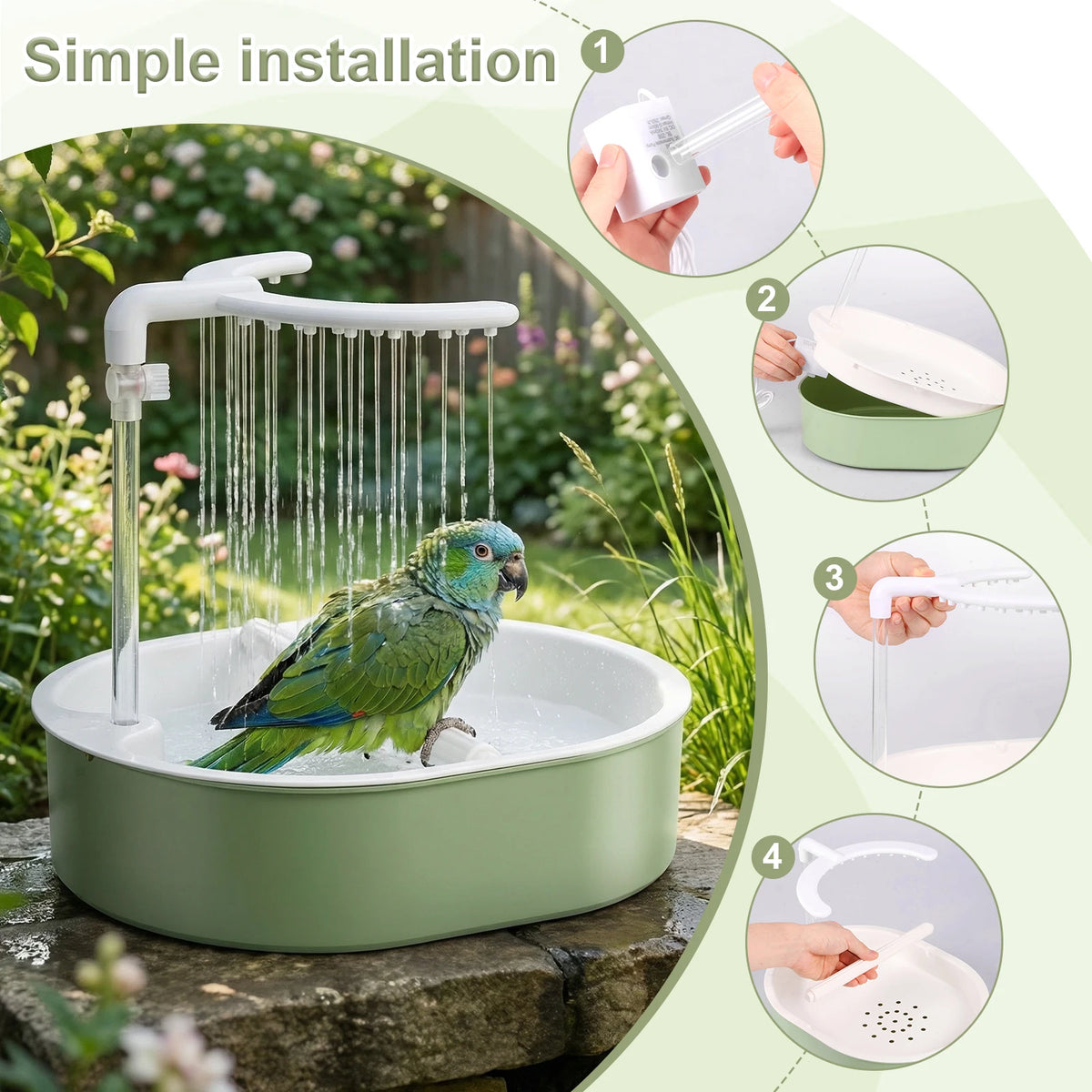 Diagram showing the simple installation of a USB electric bird bath with circulating water pump for a pet bird.