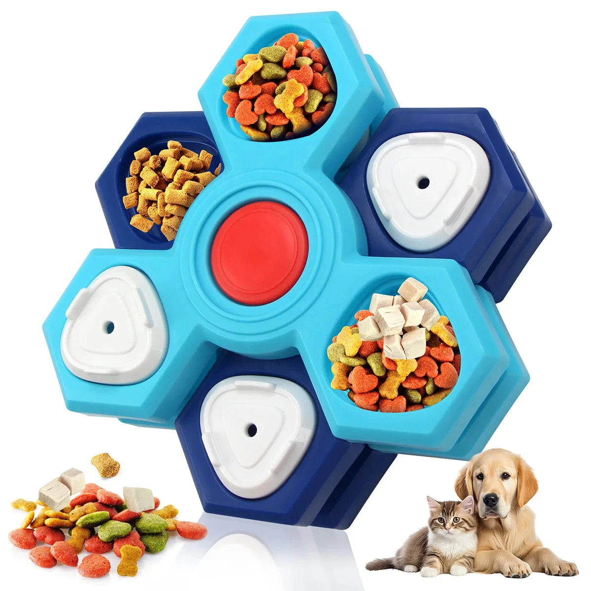 A blue and teal interactive puzzle feeder bowl for dogs with various food pieces and a dog and cat nearby.