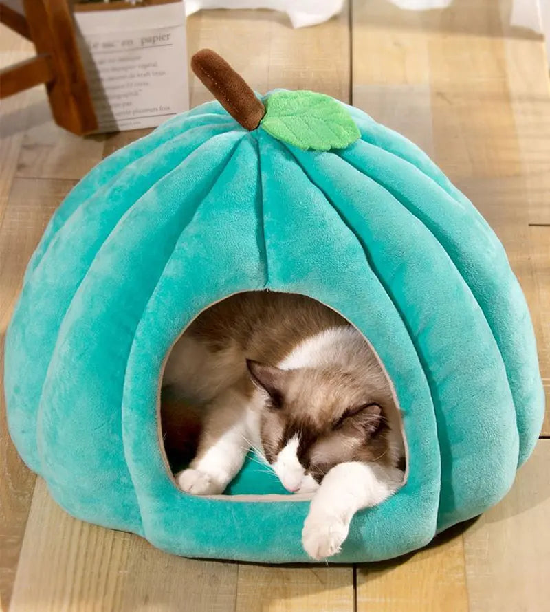 3D Pumpkin Pet House - Semi-Enclosed Bed with Removable Cushion