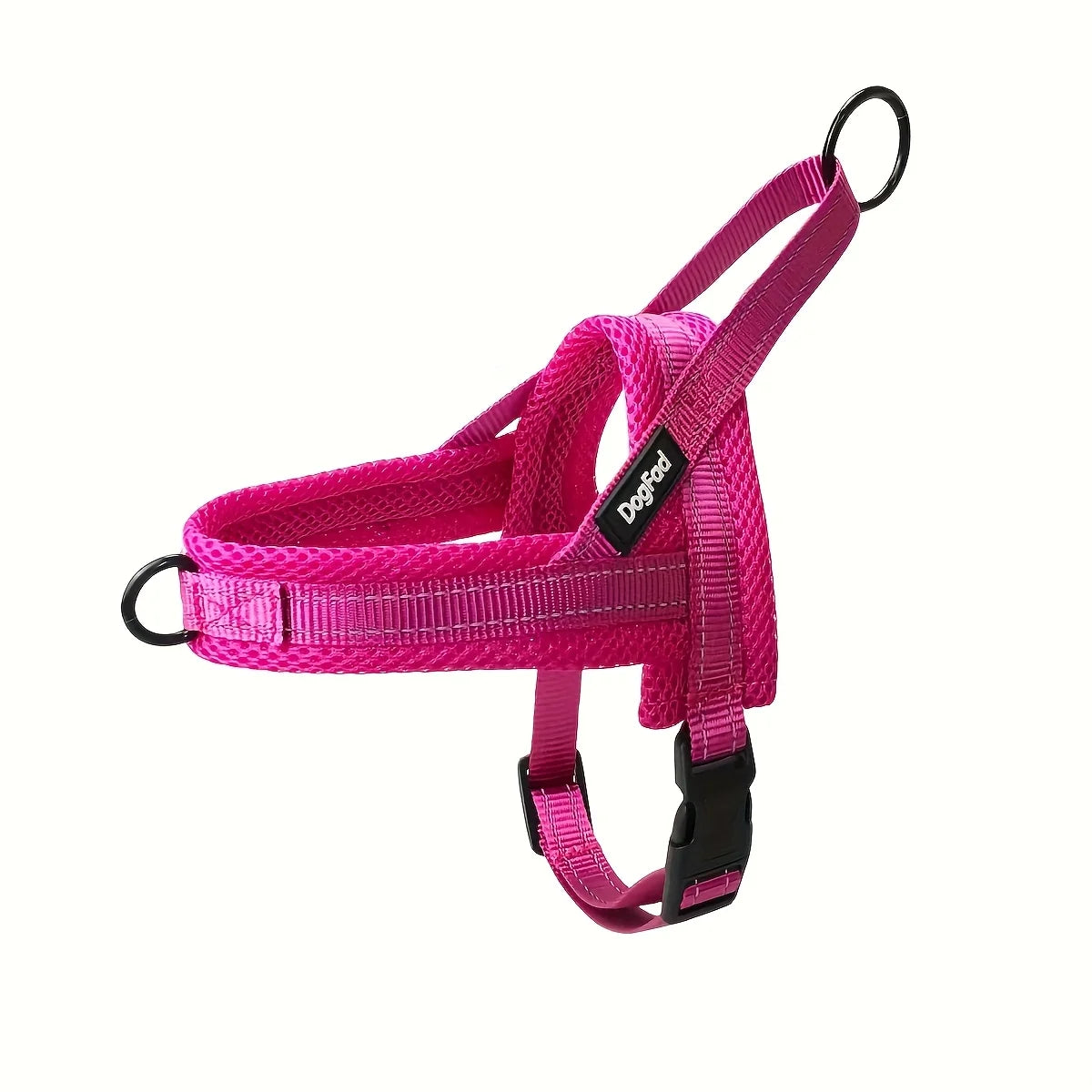 A bright pink reflective no-pull dog harness with adjustable straps.
