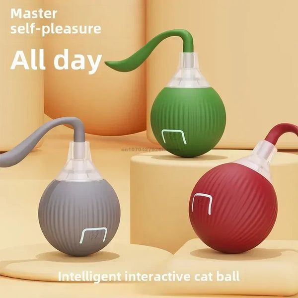 A green and red intelligent interactive cat ball toy with a curved nozzle is shown on a light background.