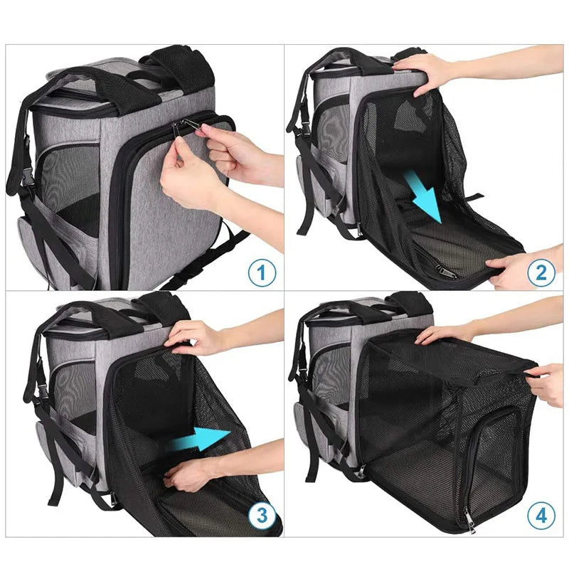 Instructions showing how to assemble and use a breathable pet carrier backpack.