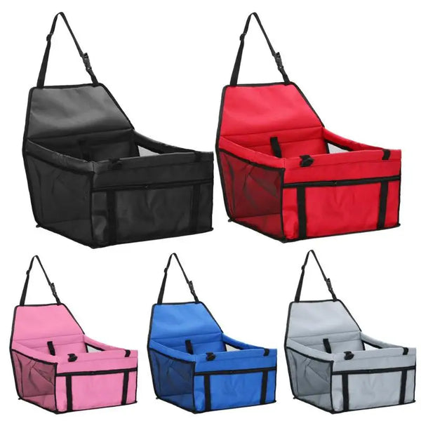 A set of pink, blue, and gray compact pet car seats and travel hammocks.
