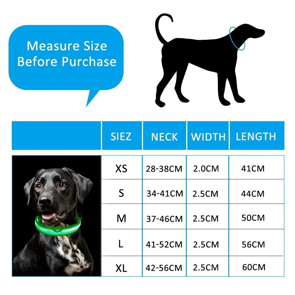 A table showing various sizes of a dog collar with corresponding neck measurements, width, and length.