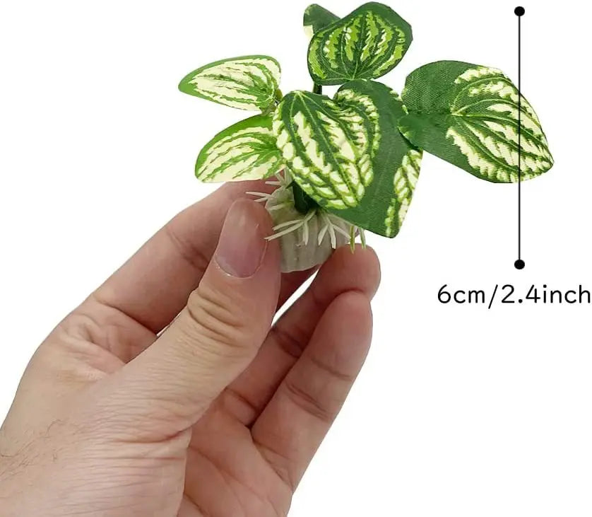 A hand holds a realistic plastic plant with green and white patterned leaves and a secure base.