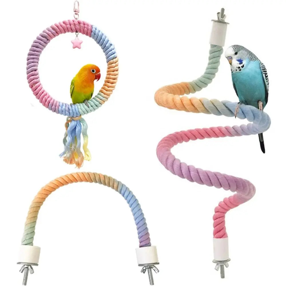 A bendable cotton rope perch for small birds featuring colorful, braided ropes and a small bird.
