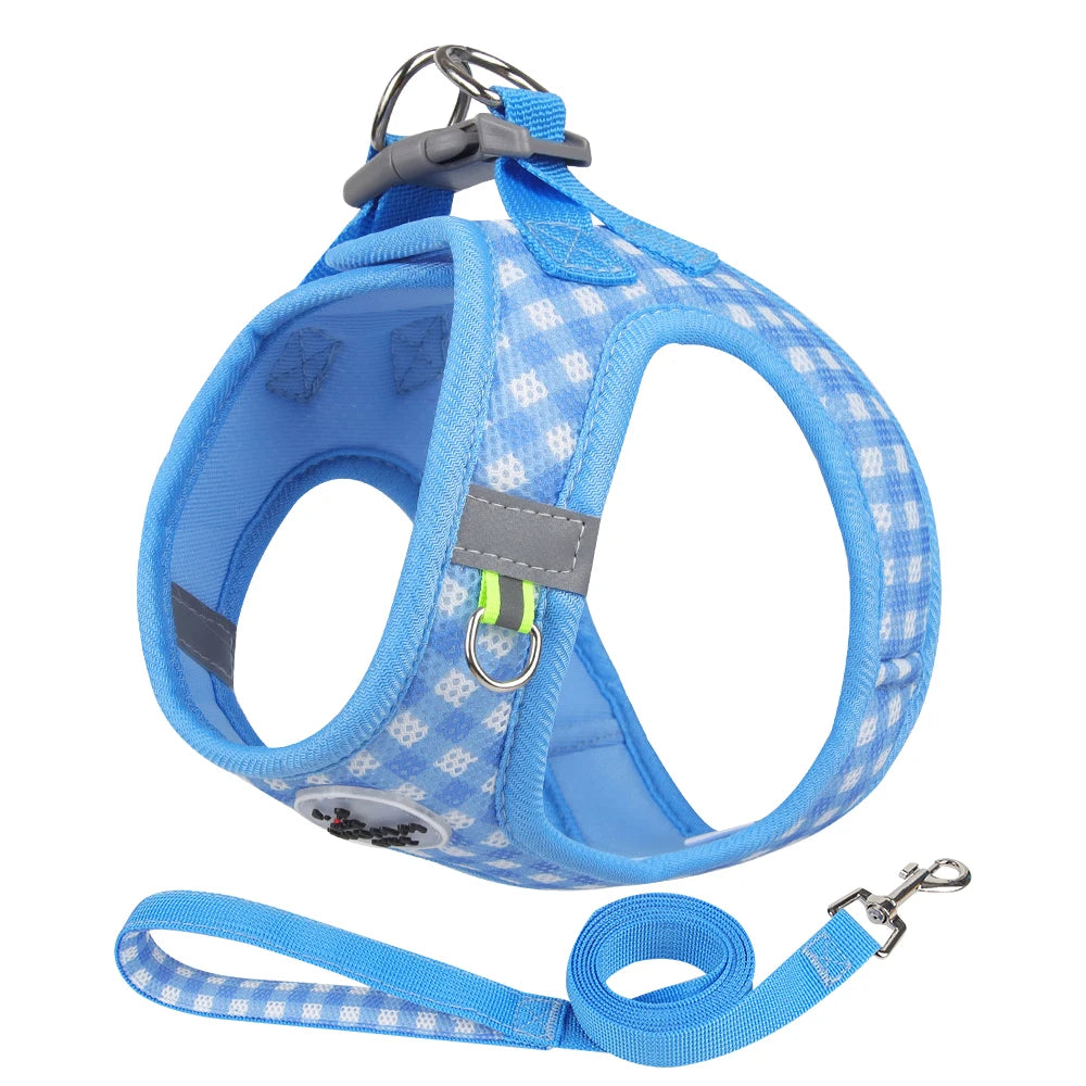 Blue plaid pet harness with reflective strips for small dogs and cats