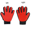 A pair of red silicone pet grooming gloves shown from the left and right sides.