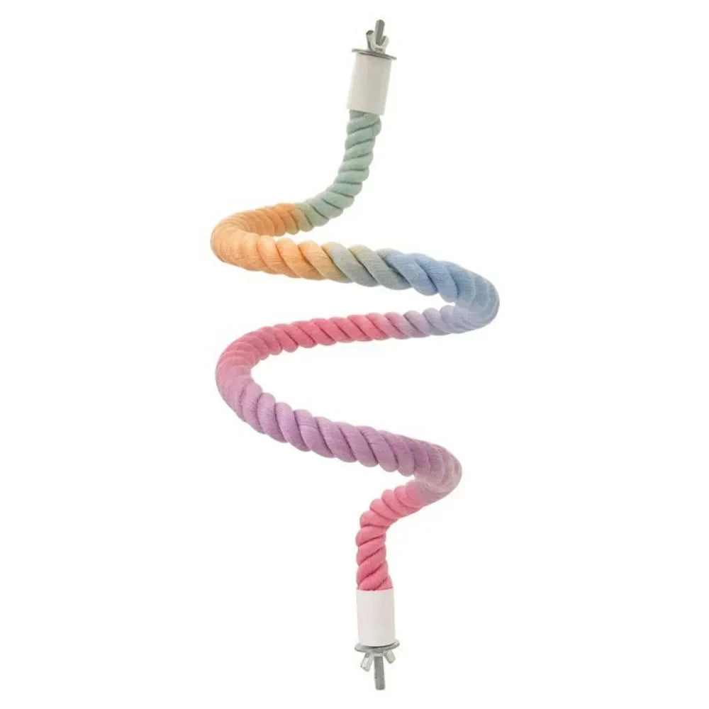 A coiled, bendable cotton rope perch for small birds in shades of orange, yellow, and blue.