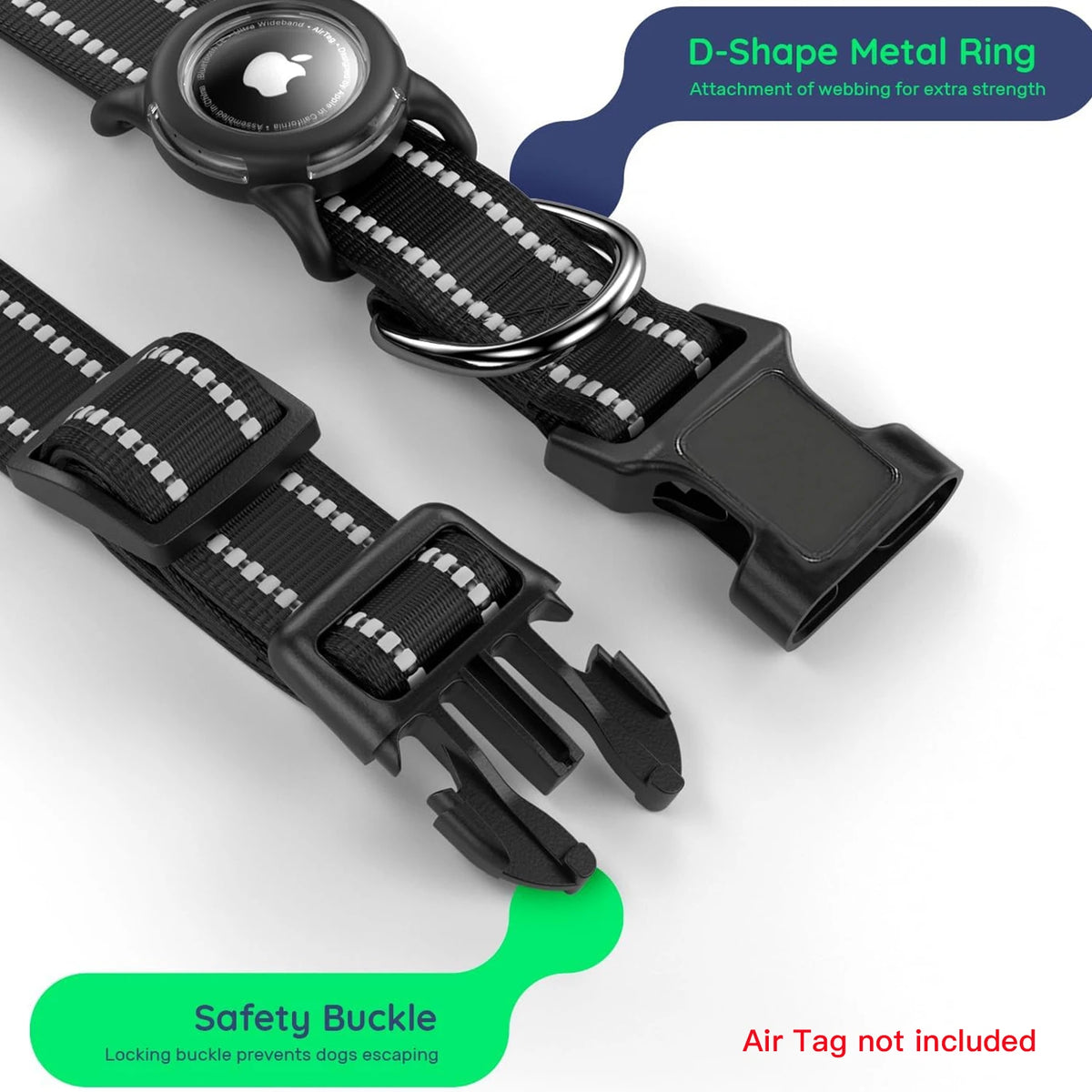 A black waterproof Airtag dog collar showing the D-shape metal ring attachment and a safety buckle.