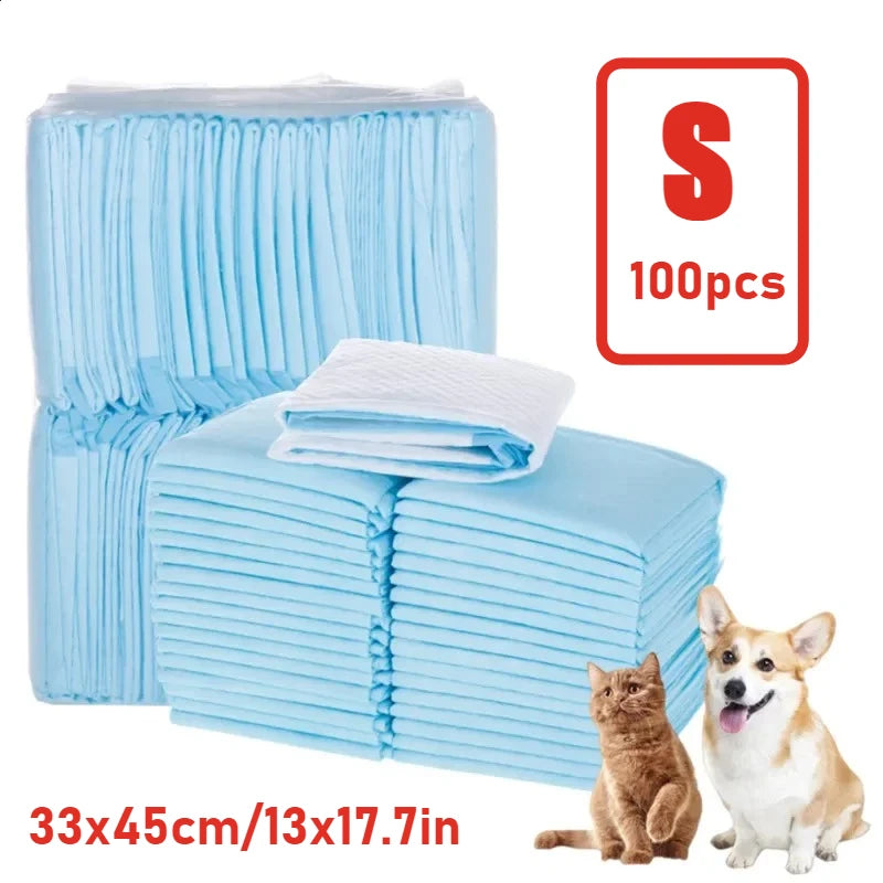 A pack of 100 blue disposable pet diapers for dogs and cats shown in a box.