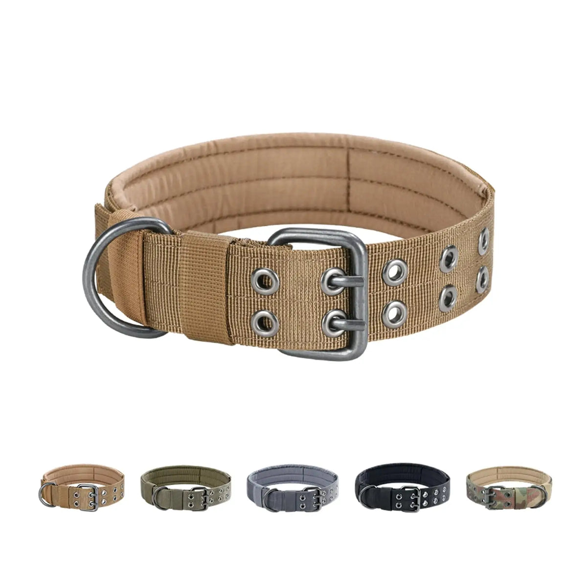 A tan heavy-duty tactical dog collar with a silver buckle and padded comfort features shown in various shades.