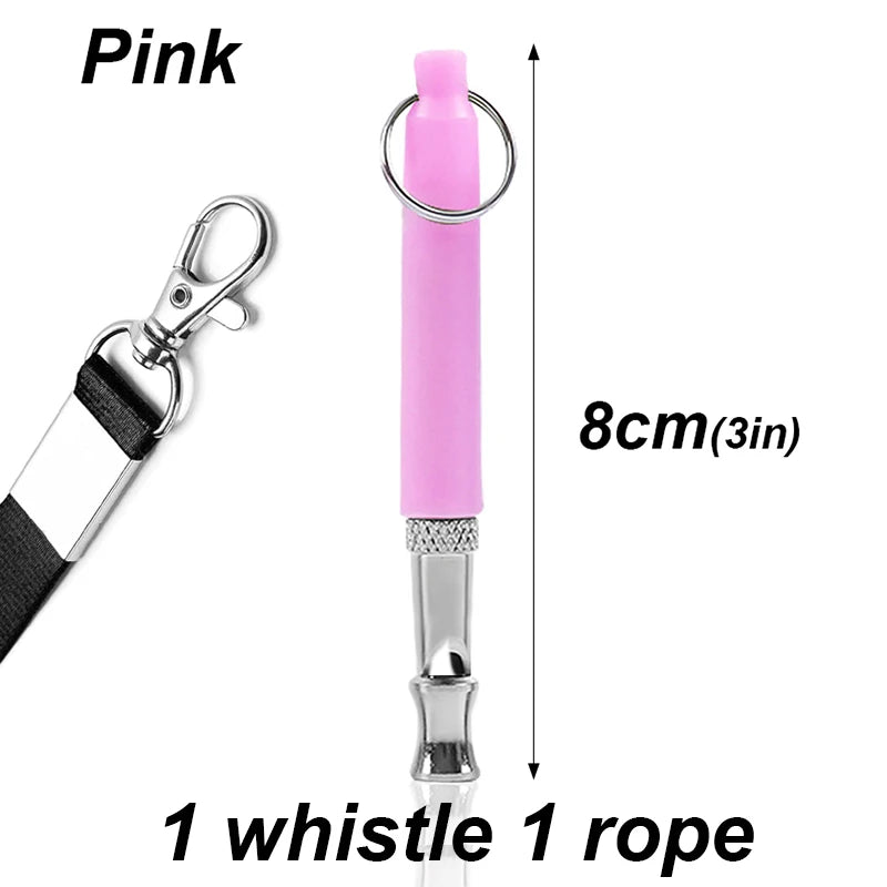 Pink adjustable ultrasonic dog whistle with a metal clip and rope for pet training