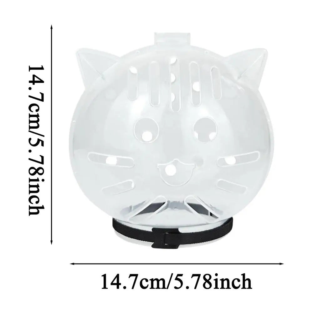 A transparent grooming hood shaped like a cat's face for pets.