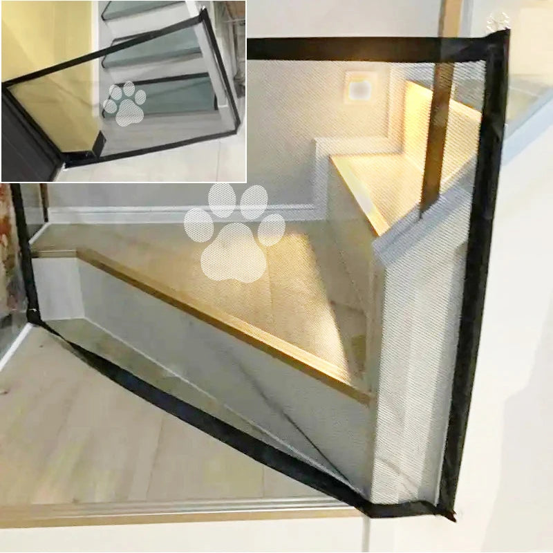 A portable folding pet safety gate with a black frame and breathable mesh, shown in an angled view.
