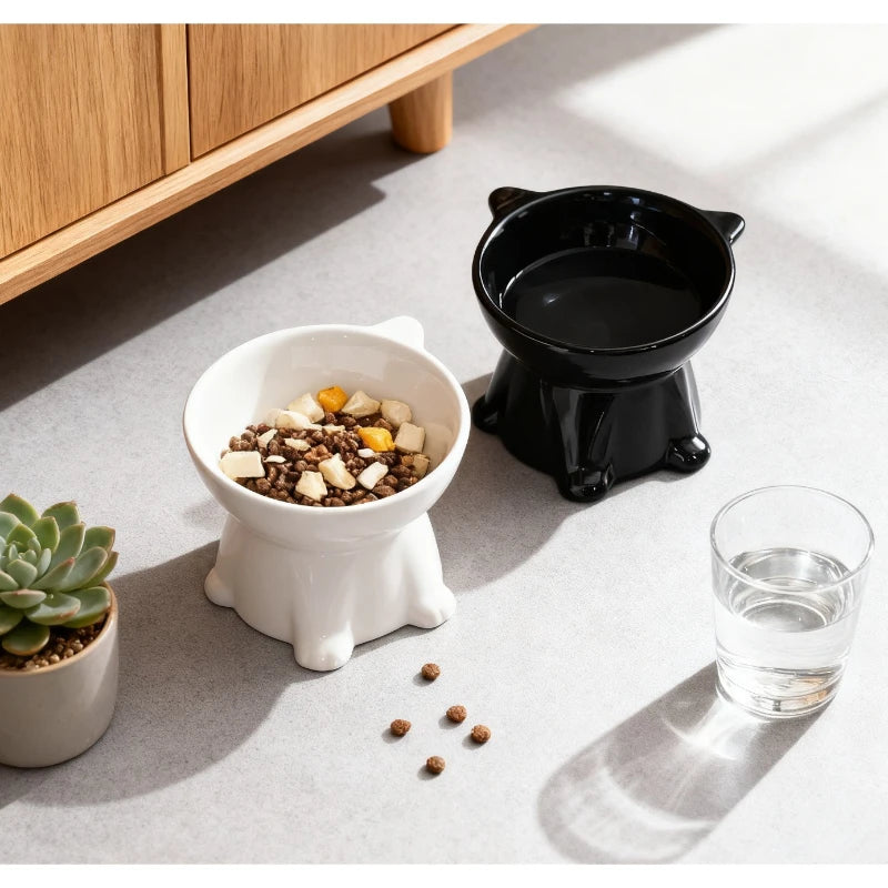 Elegant Elevated Pet Bowls Set - Anti-Slip, Wide Base (Black / White)