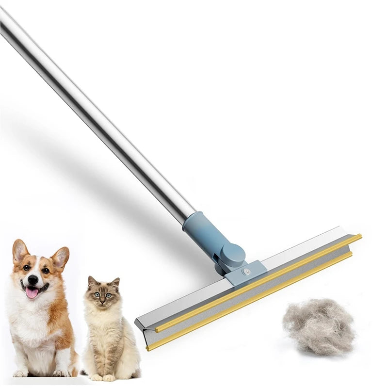 A silver pet hair remover tool is shown with a fuzzy clump of pet hair, next to a dog and a cat.