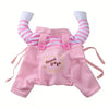Pink striped pet costume pullover for dogs and cats with a yellow tag