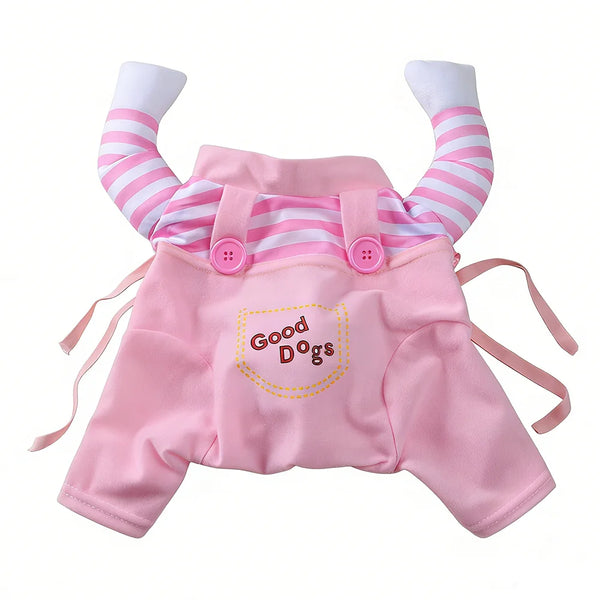 Pink striped pet costume pullover for dogs and cats with a yellow tag