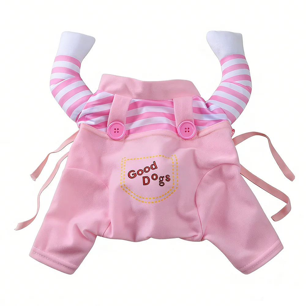 Pink striped pet pullover costume for dogs and cats with a dog face design
