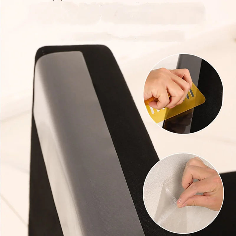 Gros plan d'une main appliquant du ruban anti-griffure transparent sur une surface.