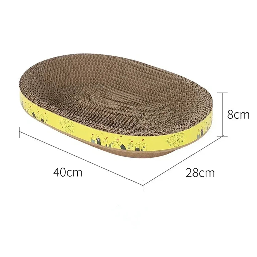 A round, brown cat scratching post with a yellow rim and various small animal figures printed on the surface.