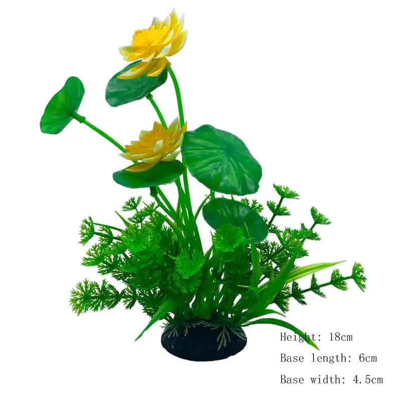 A realistic artificial aquarium plant featuring yellow flowers and green foliage.