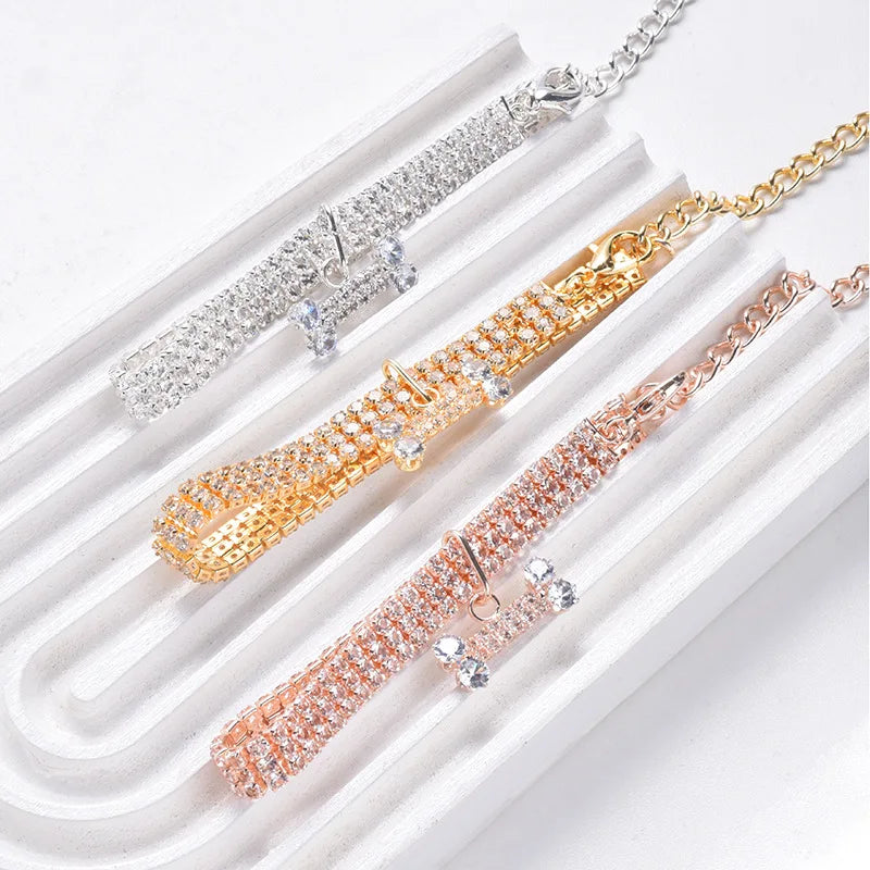 Crystal Rhinestone Dog Collar with Bone Pendant