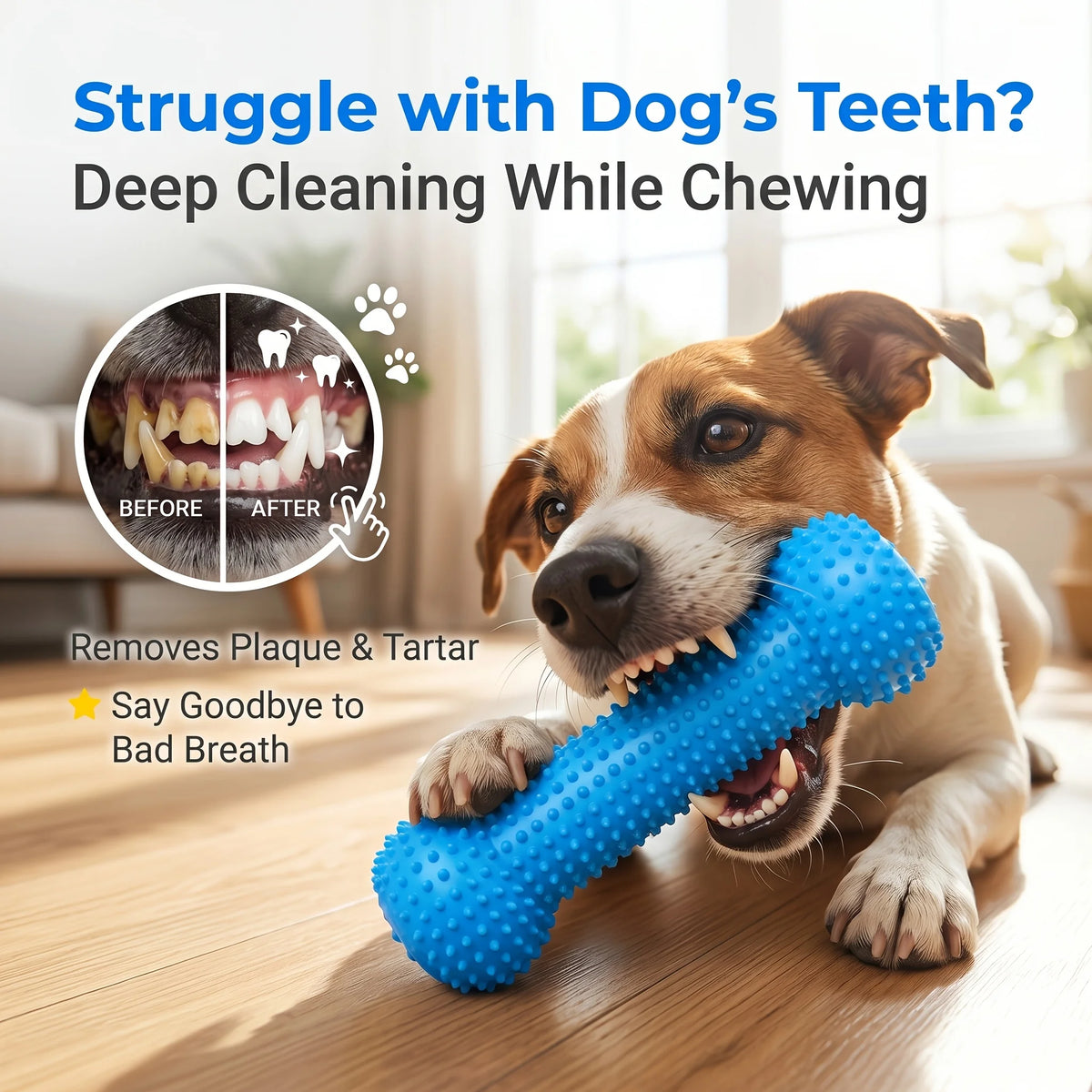 A brown dog is holding a blue dental cleaning rope toy, demonstrating its use for removing plaque and tartar.