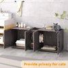 A dark wood storage cabinet with two litter box enclosures for cats, featuring a wooden litter box and storage compartments.