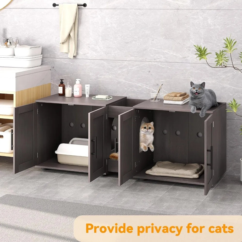 A dark wood storage cabinet with two litter box enclosures for cats, featuring a wooden litter box and storage compartments.