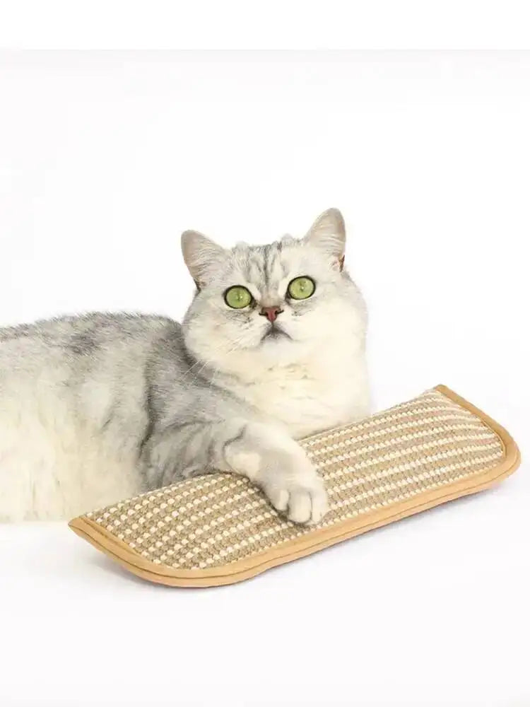 Ein flauschiger grau-weißer Kater ruht auf einer beigen, strukturierten Kratzmatte.