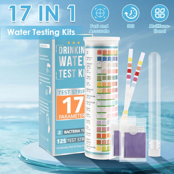 A box of 17 in 1 water testing kits featuring test strips and a test tube on a blue surface.
