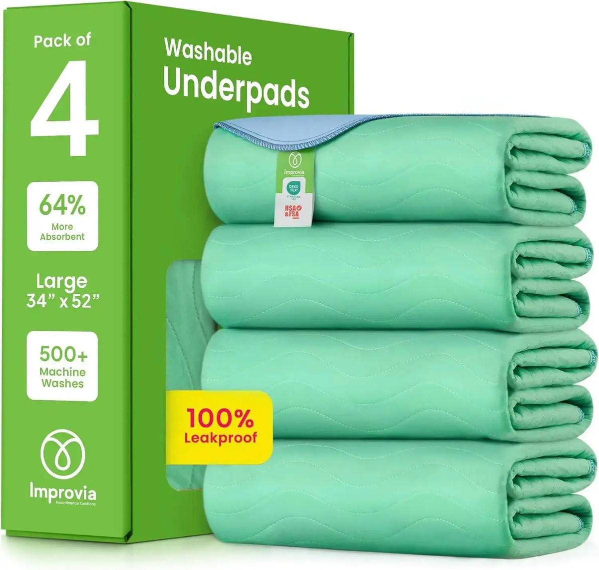 A box of four washable improvia underpads in light green color with text indicating large size and machine washability.