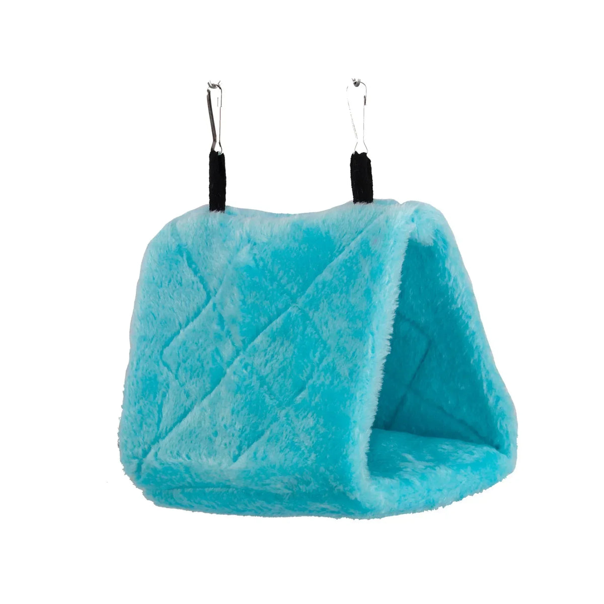A bright turquoise plush bird hammock nest with hanging loops.