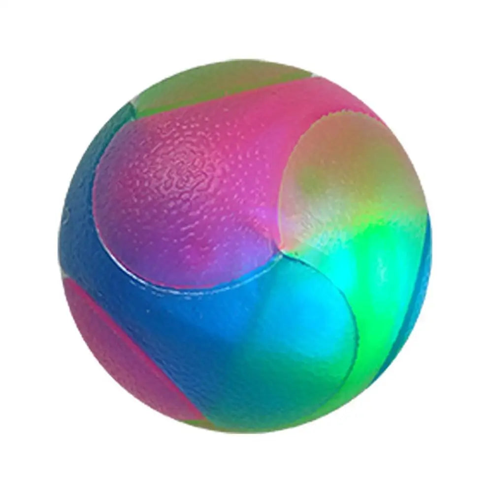 A brightly colored, iridescent, spherical interactive glowing fetch ball for pets.