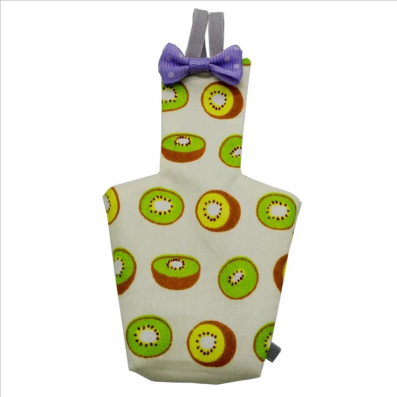 A colorful parrot diaper with a purple bow tie and green and yellow patterned fabric.