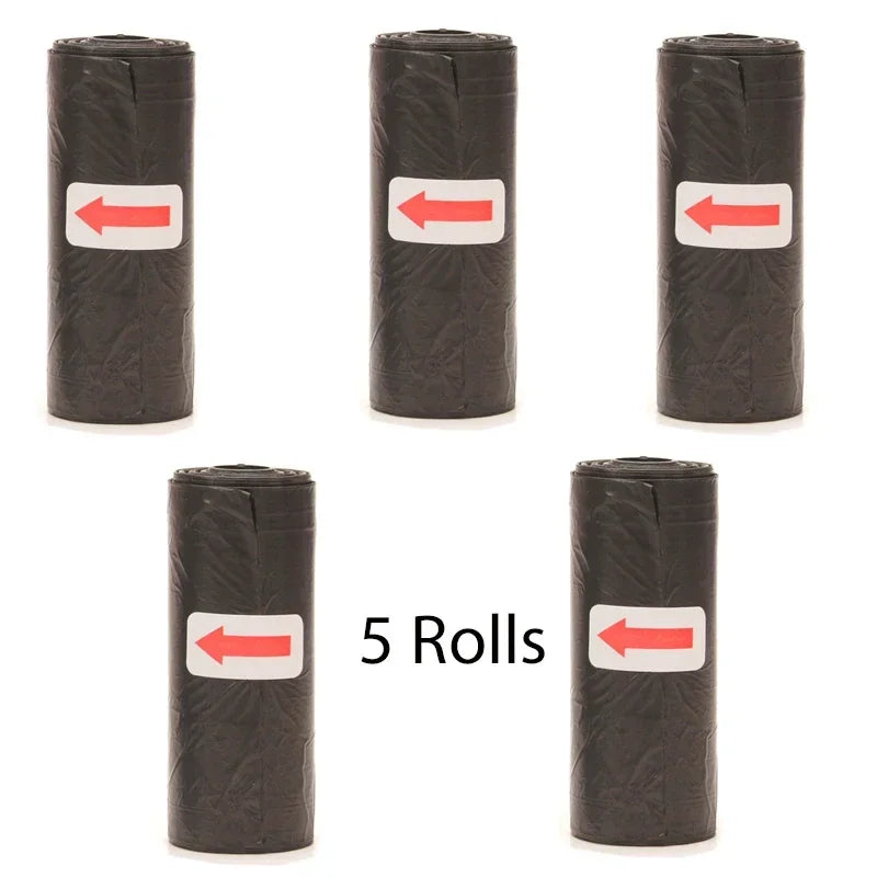 Five rolls of black reusable pet poop bags with red arrows indicating the direction.