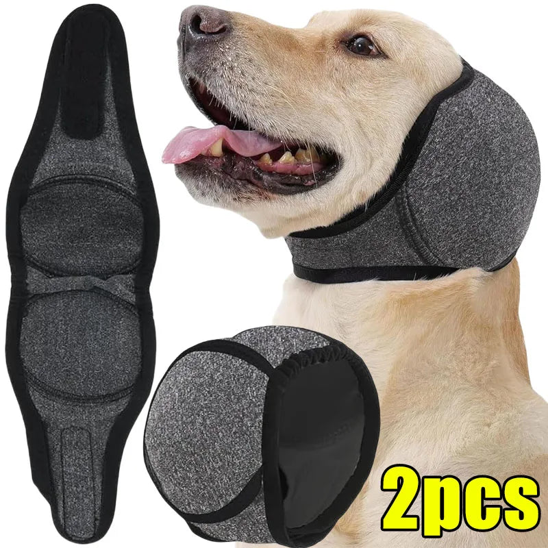Two gray and black adjustable dog ear covers shown next to a golden retriever.