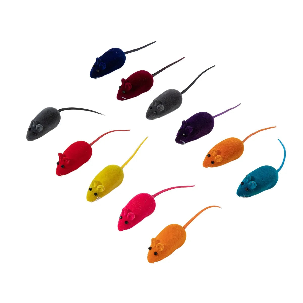 A collection of colorful, interactive squeaking mouse toys for cats in various shades of blue, red, purple, and orange.