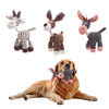 A set of plush donkey dog toys in various colors and textures, including a brown stuffed toy and a gray squeaker toy.