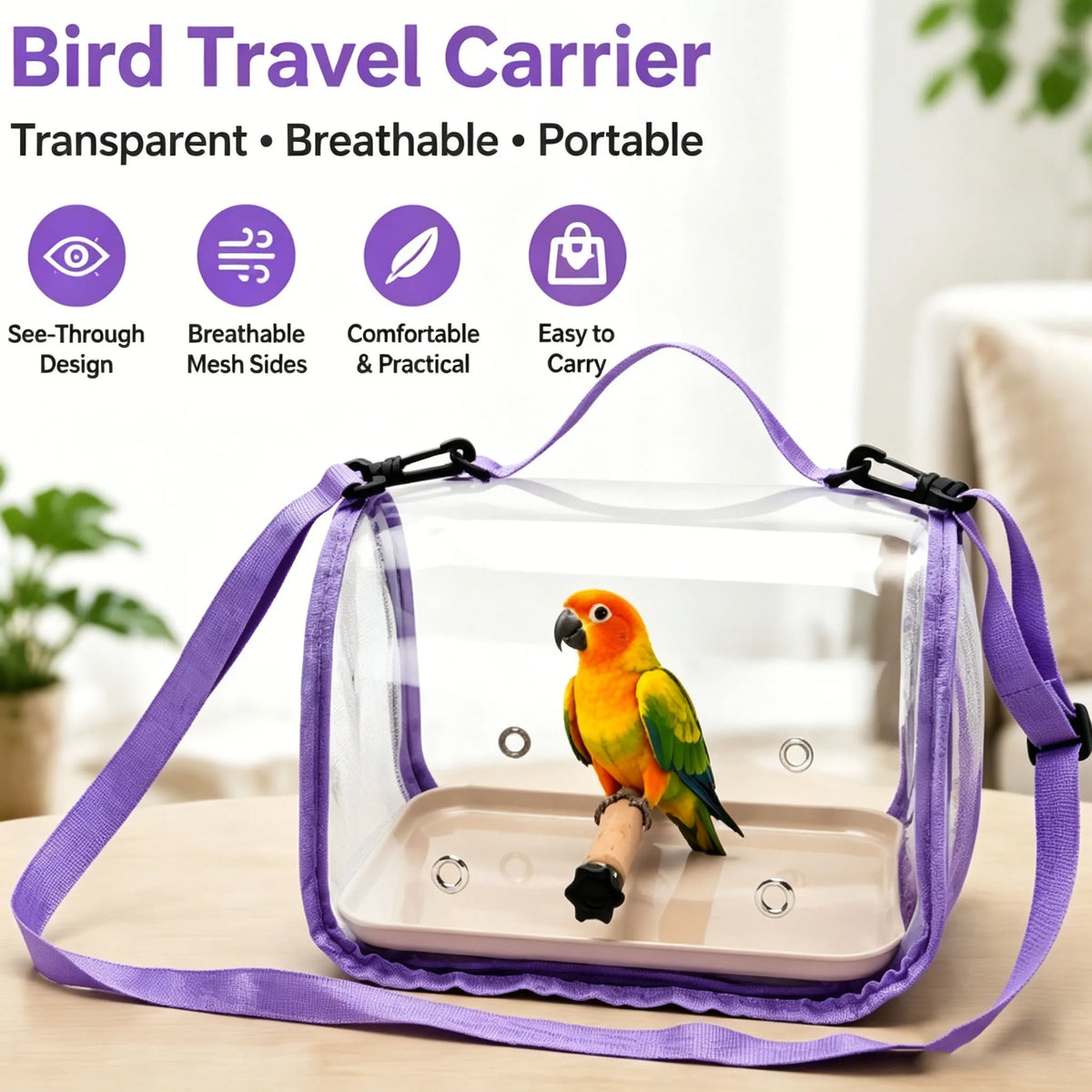 Transparent Bird Carrier with Wooden Perch