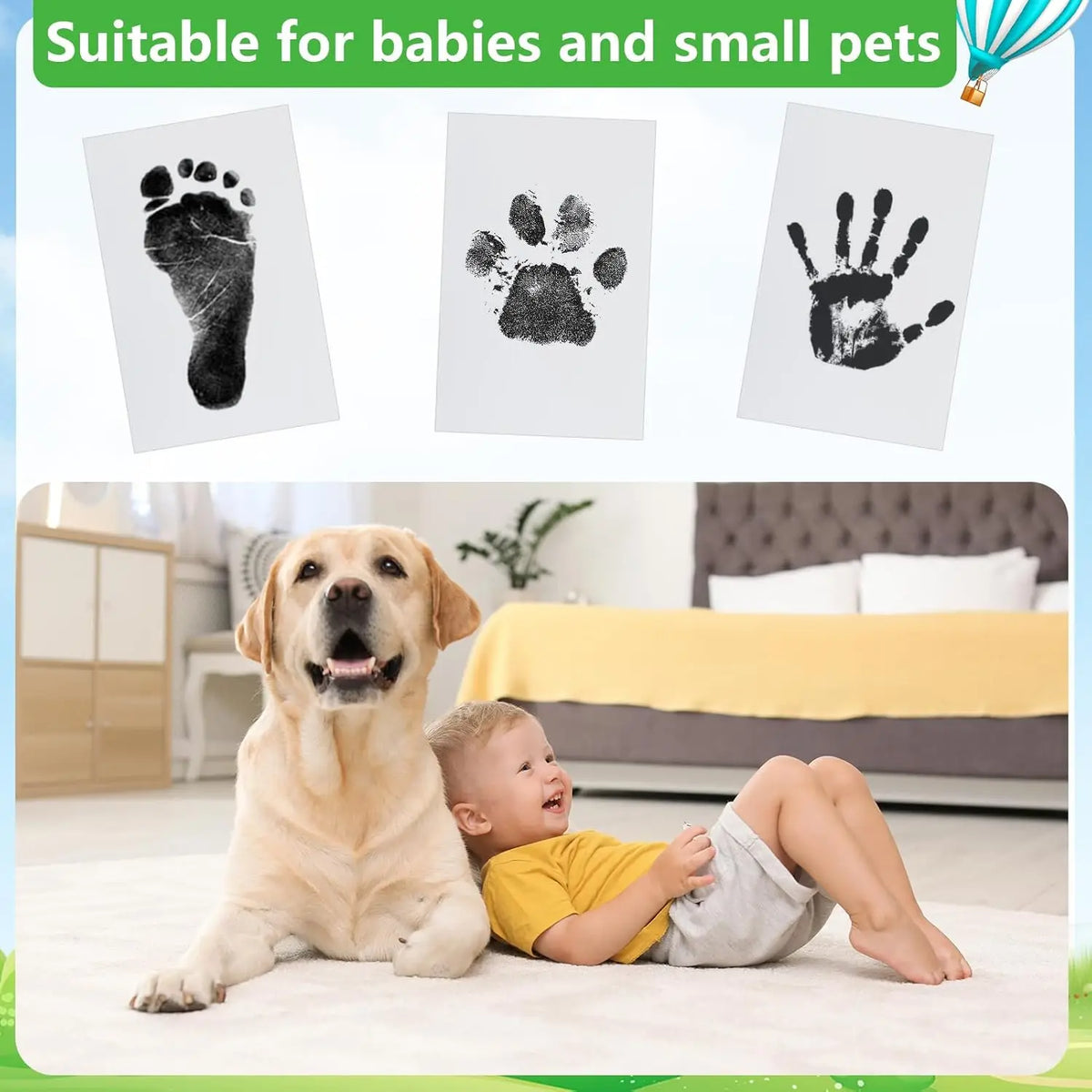 Hund und Kind mit Pfotenabdruck-Souvenirs für Babys und kleine Haustiere.
