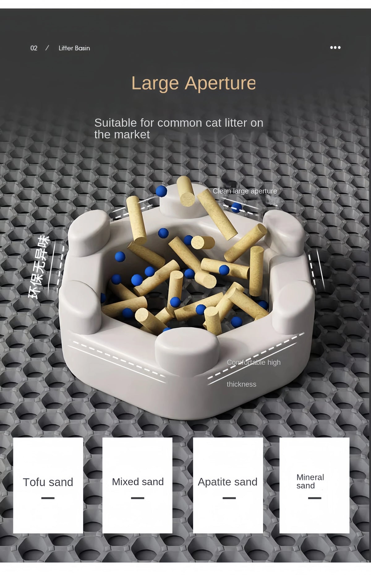 A white double-layer EVA cat litter mat is shown with various types of cat litter inside, demonstrating a large aperture for 