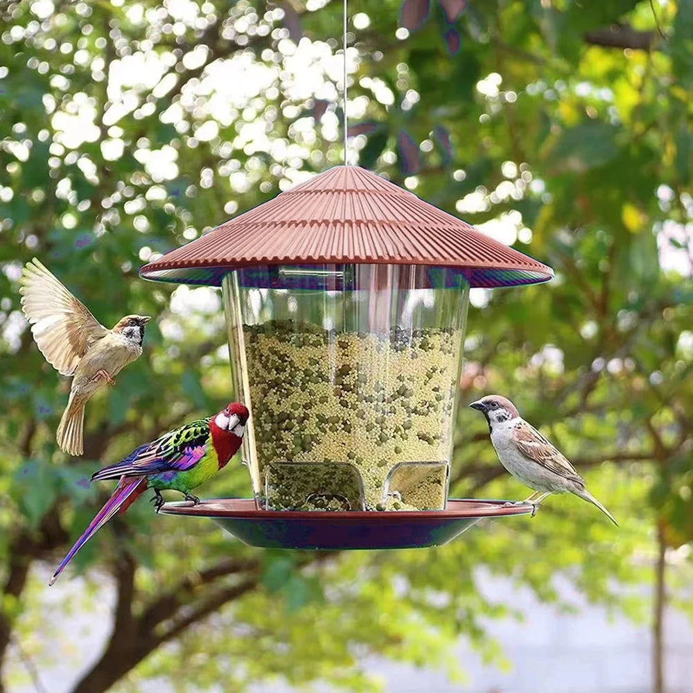 A hanging bird feeder with a conical roof filled with seeds, suspended in a leafy outdoor setting.