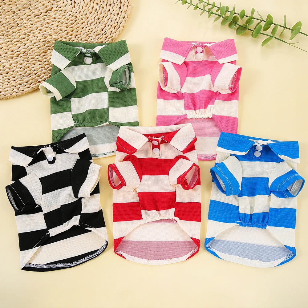 A collection of children's striped polo shirts in green, pink, and blue, laid out on a light background.