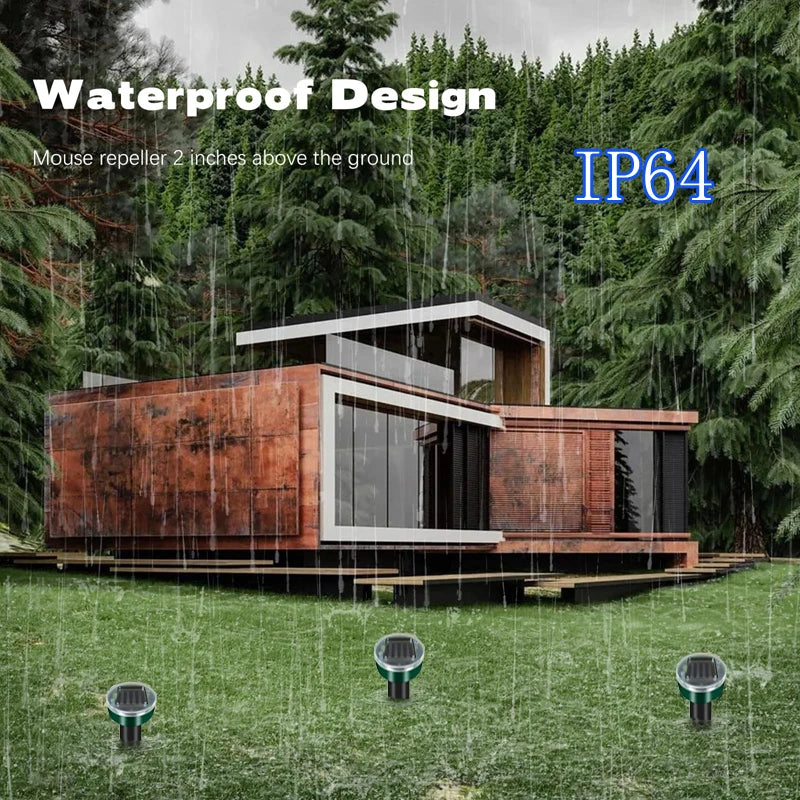 A wooden box-like device designed as a waterproof pest repeller is shown outdoors in a grassy area.