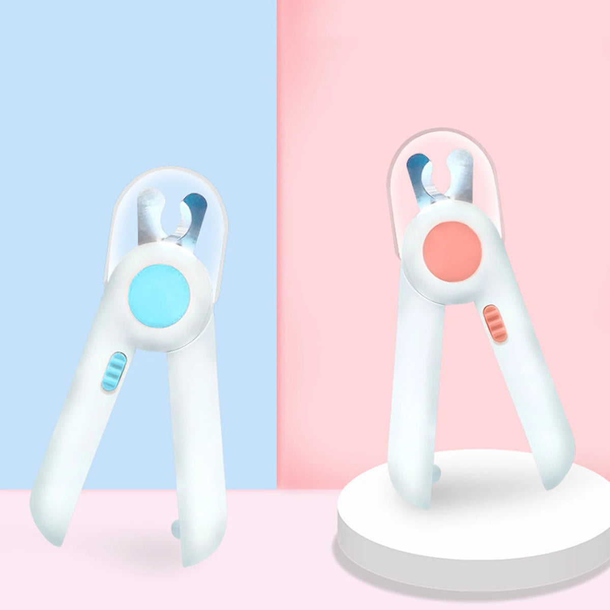 A white LED pet nail clipper tool is shown against a pink background.