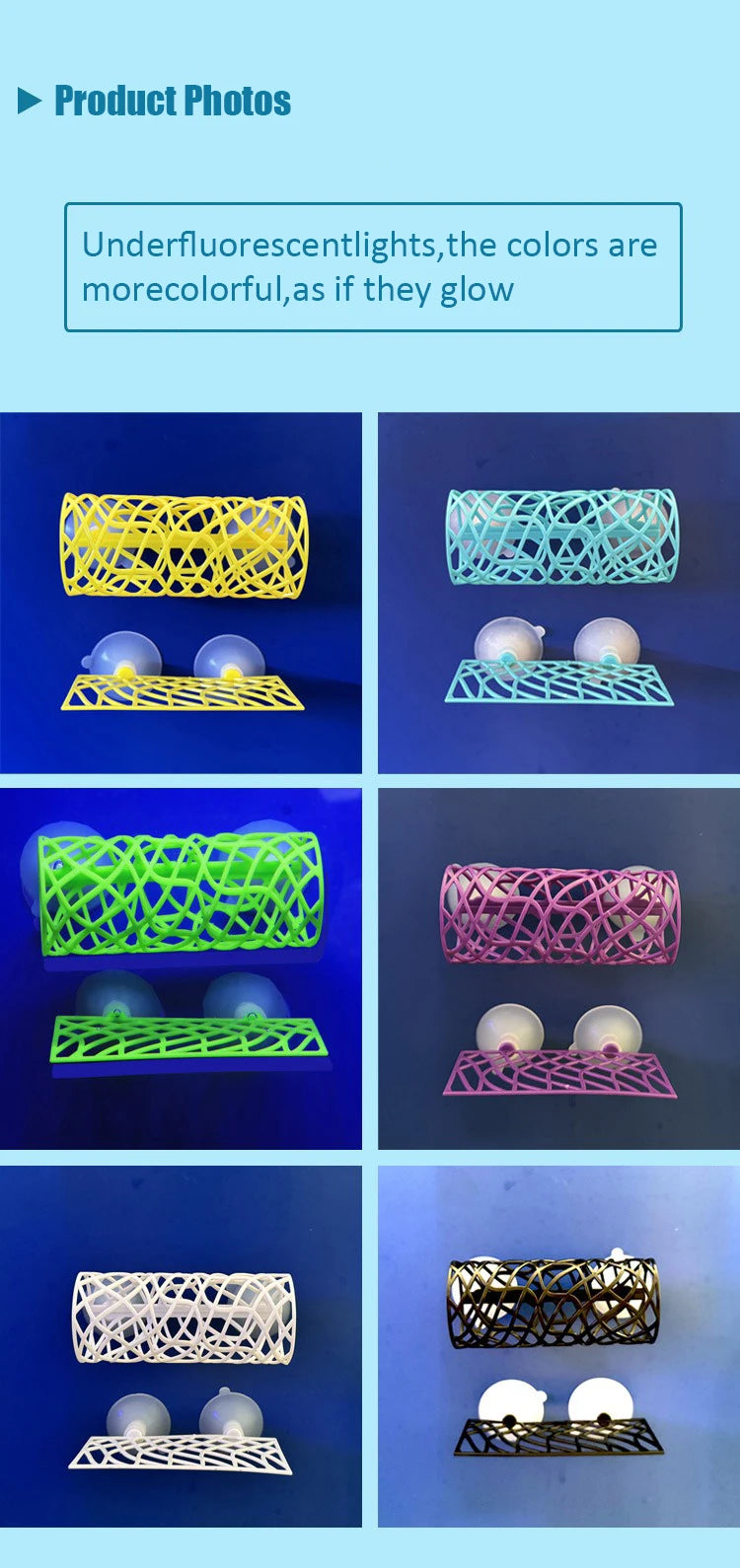 Underfluorescent lights illuminate colorful aquarium tunnel hideouts for fish and shrimp.