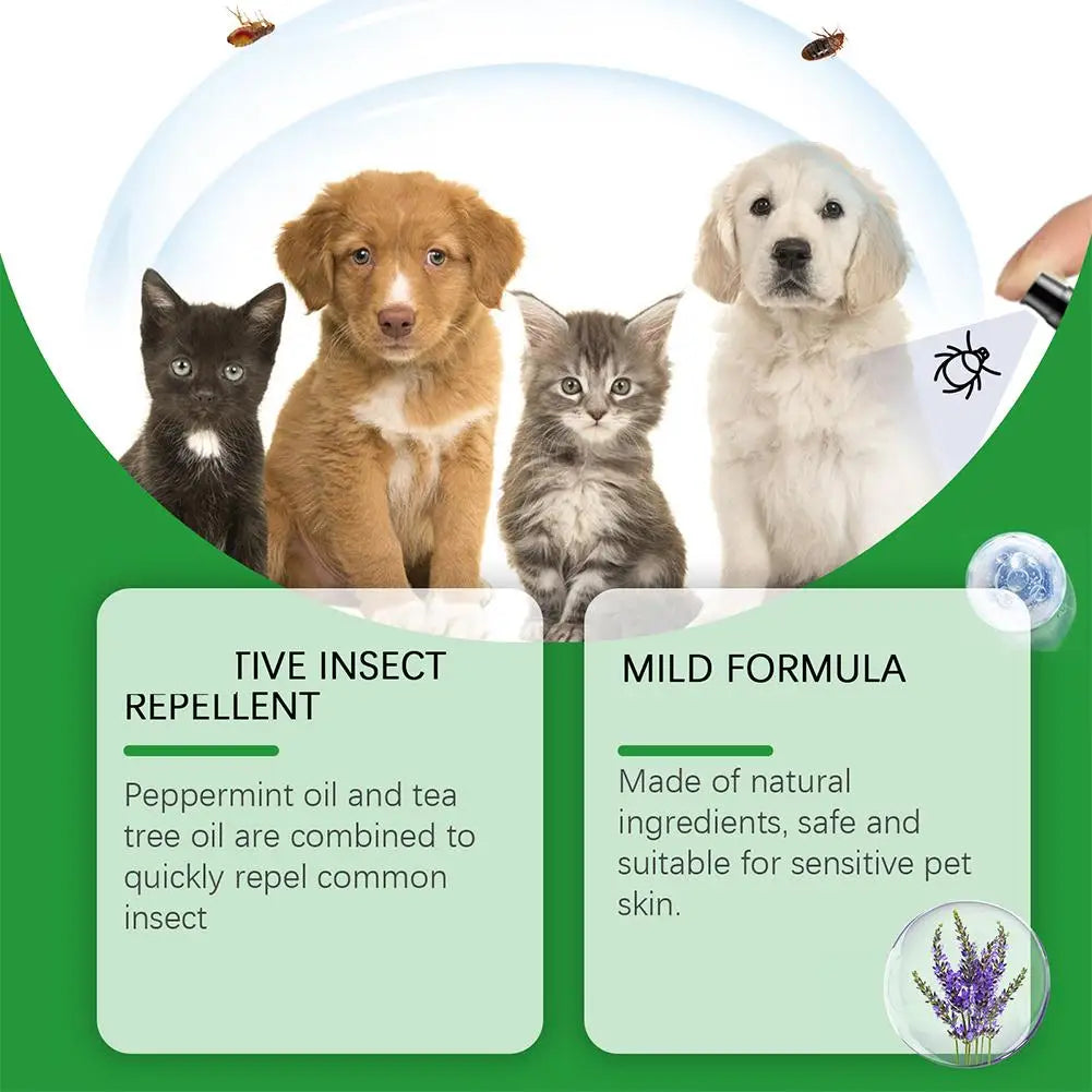 A product image showing four pets (dogs and cats) and a green bottle labeled as a five insect repellent mild formula for pet 